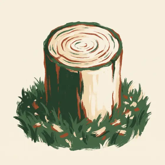 Illustrated felled elm log segment showing its growth rings, set in a bed of living turf