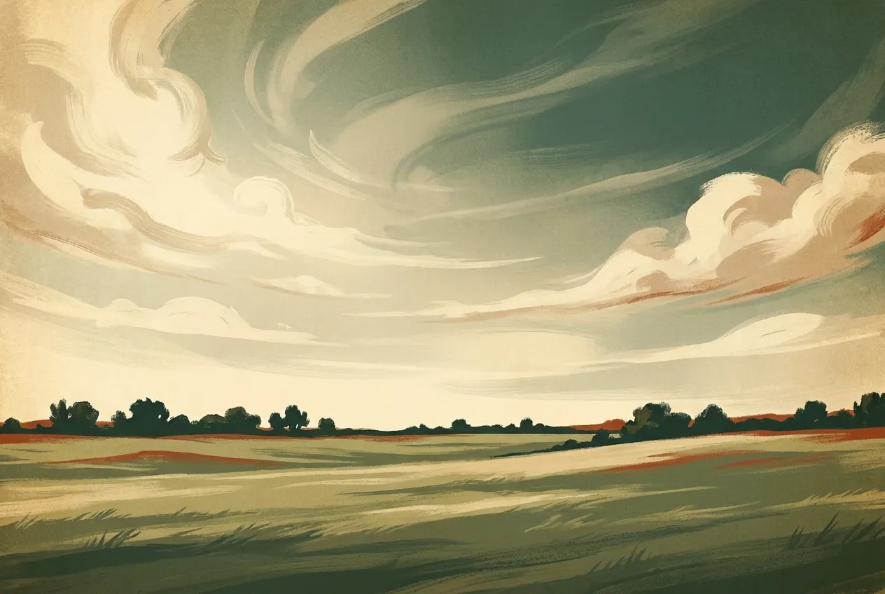 Illustrated wide view of a Kansas high-plains grassland horizon at late afternoon